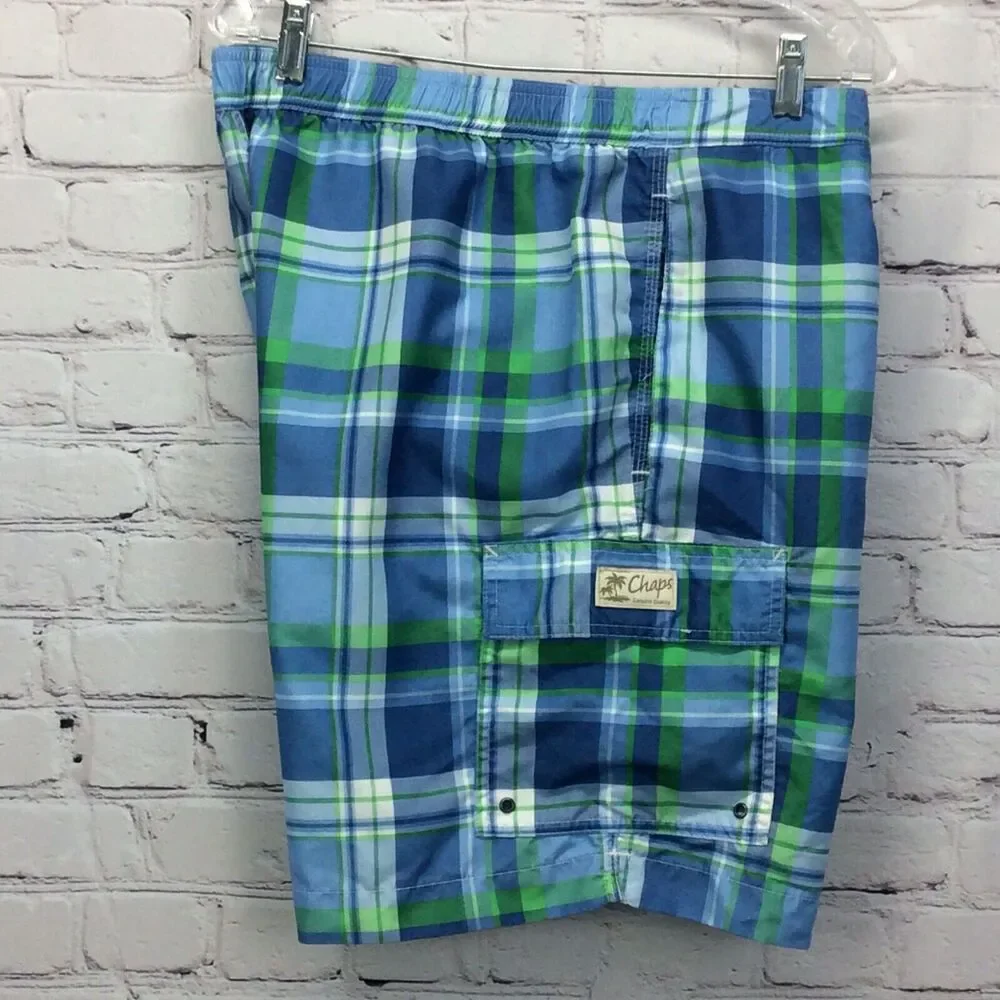 Chaps Swim Trunks Board Shorts Men's Size XXL Blue Green Plaid Mesh Lined Beach
